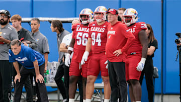 Aug 29, 2025; Lawrence, Kansas, USA; Kansas Jayhawks coach Lance Leipold on the sidelines during the first half against the Wagner Seahawks at David Booth Kansas Memorial Stadium. Mandatory Credit: William Purnell-Imagn Images