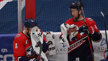 Alex Ovechkin, Tom Wilson, Washington Capitals Mandatory Credit: Geoff Burke-USA TODAY Sports