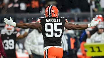 Nov 21, 2024; Cleveland, Ohio, USA; Cleveland Browns defensive end Myles Garrett (95) celebrates after sacking Pittsburgh Steelers quarterback Russell Wilson (not pictured) during the first half at Huntington Bank Field. Mandatory Credit: Ken Blaze-Imagn Images