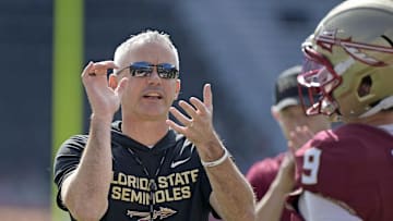 Oct 11, 2025; Tallahassee, Florida, USA; Florida State Seminoles head coach Mike Norvell before the game against the Pittsburgh Panthers at Doak S. Campbell Stadium. Mandatory Credit: Melina Myers-Imagn Images
