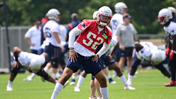 Jun 12, 2023; Foxborough, MA, USA; New England Patriots linebacker Marte Mapu (52) warms up at the