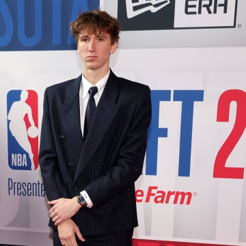 Jun 26, 2024; Brooklyn, NY, USA; Matas Buzelis arrives for the first round of the 2024 NBA Draft at Barclays Center. Mandatory Credit: Brad Penner-USA TODAY Sports