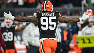 Cleveland Browns defensive end Myles Garrett (95) celebrates after sacking Pittsburgh Steelers quarterback Russell Wilson (not pictured) during the first half at Huntington Bank Field.