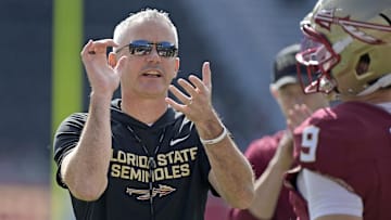 Oct 11, 2025; Tallahassee, Florida, USA; Florida State Seminoles head coach Mike Norvell before the game against the Pittsburgh Panthers at Doak S. Campbell Stadium. Mandatory Credit: Melina Myers-Imagn Images