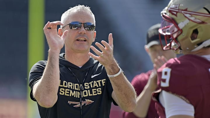 Oct 11, 2025; Tallahassee, Florida, USA; Florida State Seminoles head coach Mike Norvell before the game against the Pittsburgh Panthers at Doak S. Campbell Stadium. Mandatory Credit: Melina Myers-Imagn Images