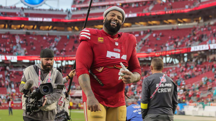 Dec 4, 2022; Santa Clara, California, USA; San Francisco 49ers offensive tackle Trent Williams (71) walks off the field after the game against the Miami Dolphins at Levi's Stadium. Mandatory Credit: Sergio Estrada-Imagn Images