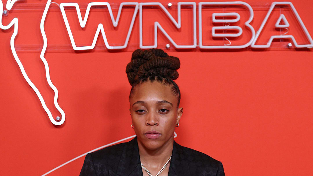 Former Bishop McNamara star Madison Scott on the orange carpet before the 2025 WNBA Draft at The Shed at Hudson Yards.