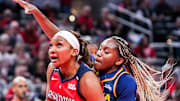 Indiana Fever Yvonne Ejim (15) guards Washington Mystics Kiki Iriafen (44) on Saturday, May 3, 2025, during a preseason game between the Indiana Fever and the Washington Mystics at Gainbridge Fieldhouse in Indianapolis. The Indiana Fever defeated the Washington Mystics in overtime, 79-74.