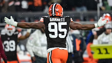 Nov 21, 2024; Cleveland, Ohio, USA; Cleveland Browns defensive end Myles Garrett (95) celebrates after sacking Pittsburgh Steelers quarterback Russell Wilson (not pictured) during the first half at Huntington Bank Field.