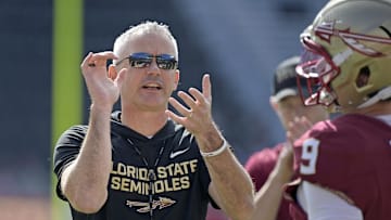 Oct 11, 2025; Tallahassee, Florida, USA; Florida State Seminoles head coach Mike Norvell before the game against the Pittsburgh Panthers at Doak S. Campbell Stadium. Mandatory Credit: Melina Myers-Imagn Images