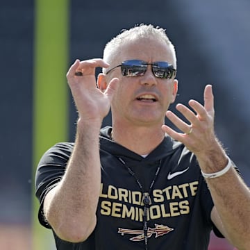 Oct 11, 2025; Tallahassee, Florida, USA; Florida State Seminoles head coach Mike Norvell before the game against the Pittsburgh Panthers at Doak S. Campbell Stadium. Mandatory Credit: Melina Myers-Imagn Images
