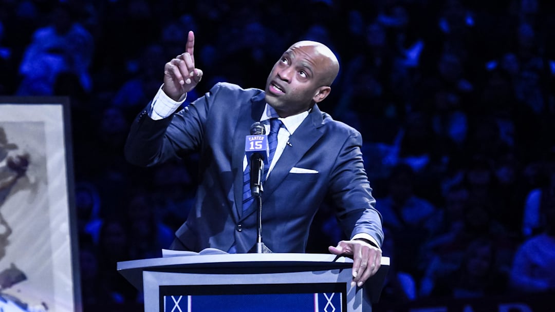 Jan 25, 2025; Brooklyn, New York, USA; Former NBA star Vince Carter speaks during his jersey retirement ceremony at halftime of a game between the Brooklyn Nets and the Miami Heat at Barclays Center. Mandatory Credit: John Jones-Imagn Images