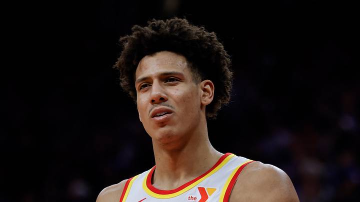 Atlanta Hawks forward Jalen Johnson (1) reacts to a call during the fourth quarter against the Sacramento Kings at Golden 1 Center, Jan 22, 2024.