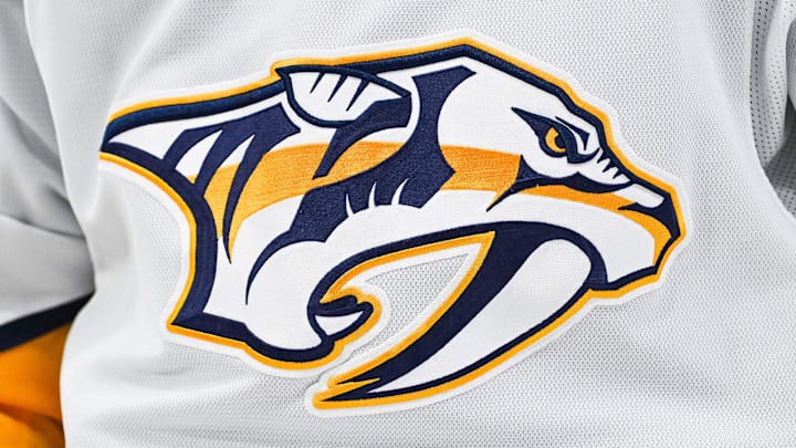 Dec 5, 2024; Montreal, Quebec, CAN; View of a Nashville Predators logo on a jersey worn by a member of the team during the second period at Bell Centre. Mandatory Credit: David Kirouac-Imagn Images