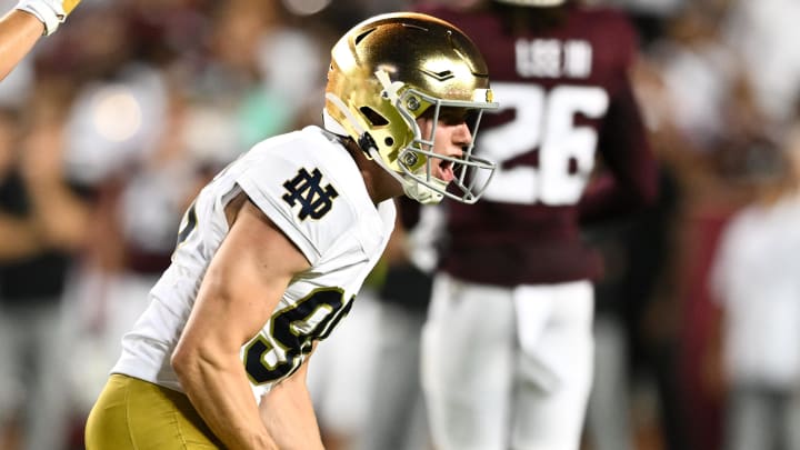 Aug 31, 2024; College Station, Texas, USA; Notre Dame Fighting Irish place kicker Mitch Jeter (98) reacts after kicking the ball during the fourth quarter against the Texas A&M Aggies at Kyle Field.