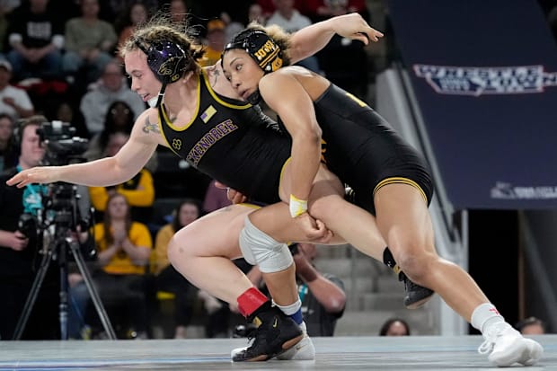Iowa’s Kennedy Blades wrestles McKendree's Kaylynn Albrecht during a 160-pound match.
