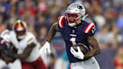 Patriots receiver Ja'Lynn Polk (1) gets free against the Washington Commanders in a preseason game. 