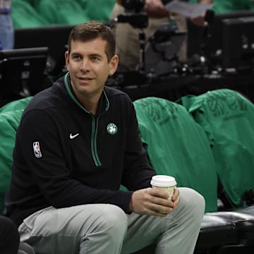 May 14, 2023; Boston, Massachusetts, USA; Boston Celtics president of basketball operations Brad Stevens looks on before game seven of the 2023 NBA playoffs between the Boston Celtics and the Philadelphia 76ers at TD Garden. Mandatory Credit: Winslow Townson-Imagn Images