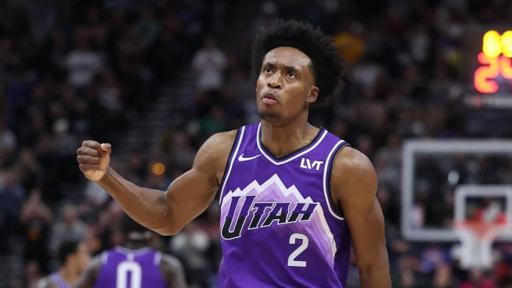 Dec 8, 2023; Salt Lake City, Utah, USA; Utah Jazz guard Collin Sexton (2) reacts to a play against the Los Angeles Clippers during the fourth quarter at Delta Center. Mandatory Credit: Rob Gray-USA TODAY Sports