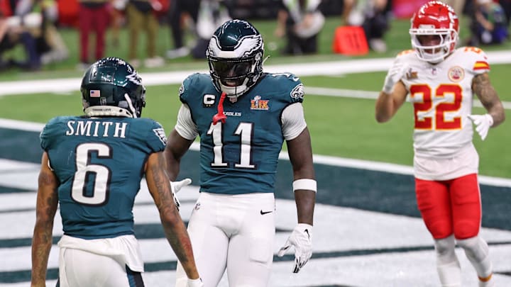 Philadelphia Eagles wide receiver A.J. Brown congratulates DeVonta Smith after his touchdown against the Kansas City Chiefs