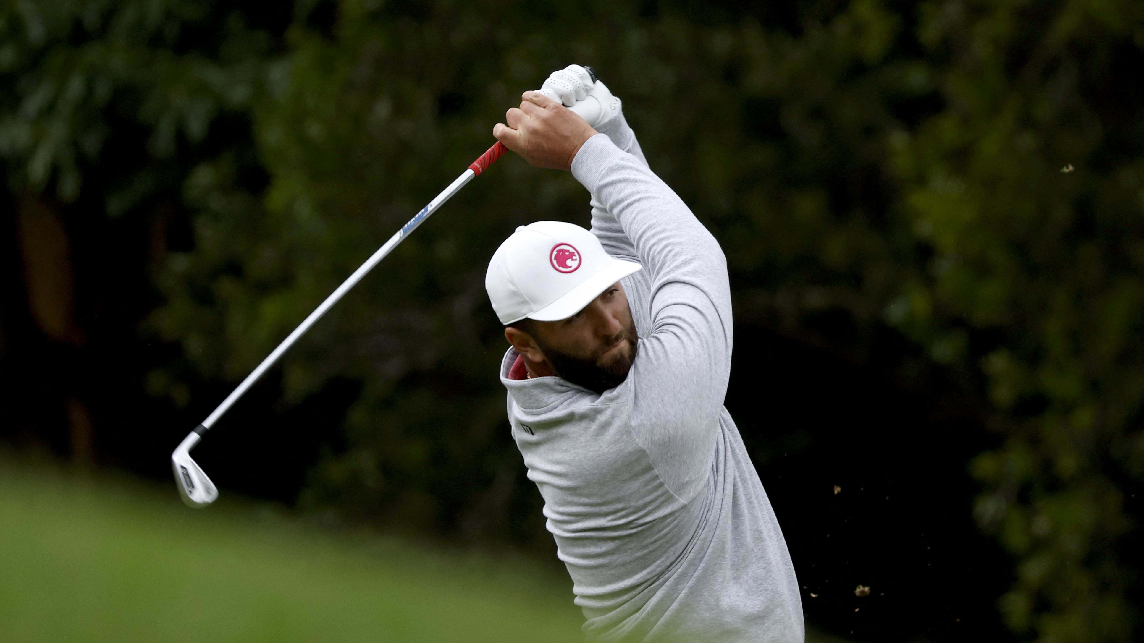 Jon Rahm watches a shot at the LIV Golf Hong Kong event.