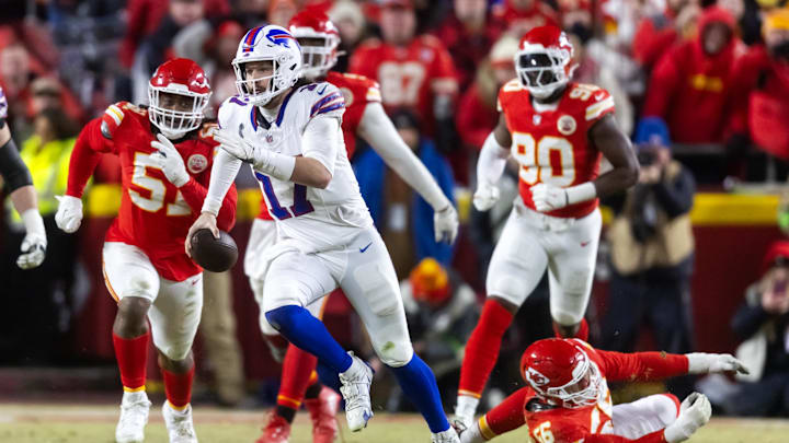 Buffalo Bills quarterback Josh Allen (17) runs the ball against the Kansas City Chiefs. Buffalo Bills quarterback Josh Allen (17) runs the ball against the Kansas City Chiefs.