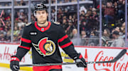 Feb 1, 2025; Ottawa, Ontario, CAN; Ottawa Senators center Ridly Greig (71) skates in the second period against the Minnesota Wild at the Canadian Tire Centre. Mandatory Credit: Marc DesRosiers-Imagn Images