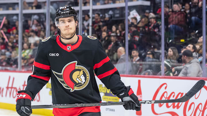 Feb 1, 2025; Ottawa, Ontario, CAN; Ottawa Senators center Ridly Greig (71) skates in the second period against the Minnesota Wild at the Canadian Tire Centre. Mandatory Credit: Marc DesRosiers-Imagn Images