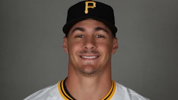 Feb 18, 2025; Bradenton, FL, USA; Pittsburgh Pirates infielder Konnor Griffin (85) poses for a photo during media day at Pirate City. Mandatory Credit: Kim Klement Neitzel-Imagn Images
