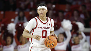 Feb 22, 2025; Norman, Oklahoma, USA; Oklahoma Sooners guard Jeremiah Fears (0) dribbles down the court against Mississippi State Bulldogs during the second half at Lloyd Noble Center. Mandatory Credit: Alonzo Adams-Imagn Images