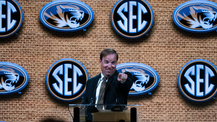 Missouri Head Coach Eliah Drinkwitz addresses the media at the 2023 SEC Football Kickoff Media Days at the Nashville Grand Hyatt on Broadway, Monday, July 17, 2023.