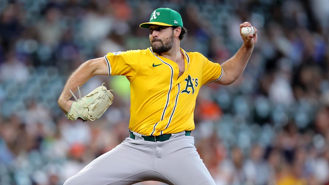Jul 27, 2025; Houston, Texas, USA; Athletics relief pitcher Ben Bowden (62) delivers a pitch against the Houston Astros during the ninth inning at Daikin Park. Mandatory Credit: Erik Williams-Imagn Images