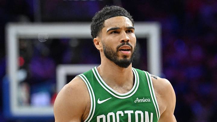 Apr 24, 2026; Philadelphia, Pennsylvania, USA; Boston Celtics forward Jayson Tatum (0) reacts after a three point basket against the Philadelphia 76ers during the second half at Xfinity Mobile Arena. Mandatory Credit: Eric Hartline-Imagn Images