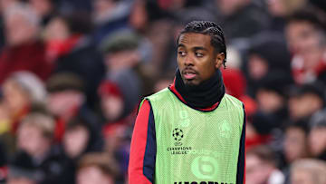 Angel Gomes warming up at Anfield this week