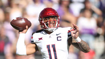 Nov 23, 2024; Fort Worth, Texas, USA; Arizona Wildcats quarterback Noah Fifita (11) throws a pass against the TCU Horned Frogs in the first quarter at Amon G. Carter Stadium. Mandatory Credit: Tim Heitman-Imagn Images