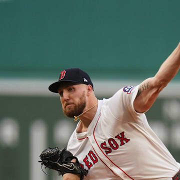 Aug 5, 2025; Boston, Massachusetts, USA; Boston Red Sox pitcher Garrett Crochet (35) throws a pitch against the Kansas City Royals in the first inning at Fenway Park. Mandatory Credit: David Butler II-Imagn Images