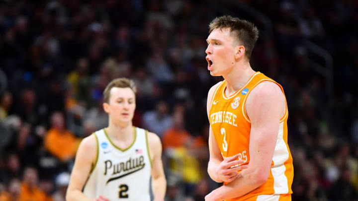 Tennessee guard Dalton Knecht (3) celebrates after scoring against Purdue during the NCAA Tournament Elite Eight college basketball game between at Little Caesars Arena in Detroit, MI on Sunday, March 31, 2024.