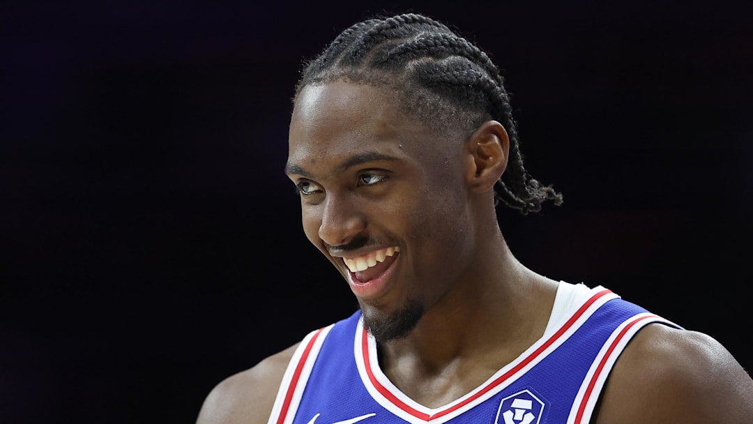 Feb 24, 2025; Philadelphia, Pennsylvania, USA; Philadelphia 76ers guard Tyrese Maxey (0) reacts during the third quarter against the Chicago Bulls at Wells Fargo Center. Mandatory Credit: Bill Streicher-Imagn Images