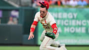 Sep 6, 2025; St. Louis, Missouri, USA; St. Louis Cardinals outfielder Lars Nootbaar (21) makes the catch on a fly ball to left field by San Francisco Giants catcher Patrick Bailey (14) in the second inning at Busch Stadium. Mandatory Credit: Tim Vizer-Imagn Images