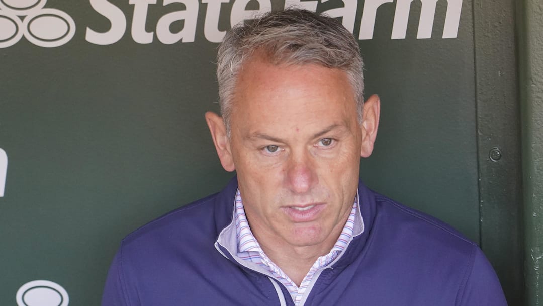 Apr 19, 2024; Chicago, Illinois, USA; Jed HoyerPresident of the Chicago Cubs talks to the media before a game between the Chicago Cubs and the Miami Marlins at Wrigley Field. 