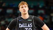 Dec 6, 2025; Dallas, Texas, USA; Dallas Mavericks forward Cooper Flagg (32) looks up at the crowd during the third quarter against the Houston Rockets at American Airlines Center. Mandatory Credit: Andrew Dieb-Imagn Images
