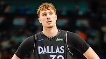 Dec 6, 2025; Dallas, Texas, USA; Dallas Mavericks forward Cooper Flagg (32) looks up at the crowd during the third quarter against the Houston Rockets at American Airlines Center. Mandatory Credit: Andrew Dieb-Imagn Images