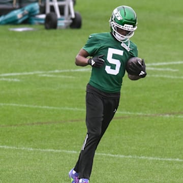 Jun 10, 2025; East Rutherford, NJ, USA; New York Jets wide receiver Garrett Wilson (5) during minicamp at Atlantic Health Jets Training Center. Mandatory Credit: John Jones-Imagn Images