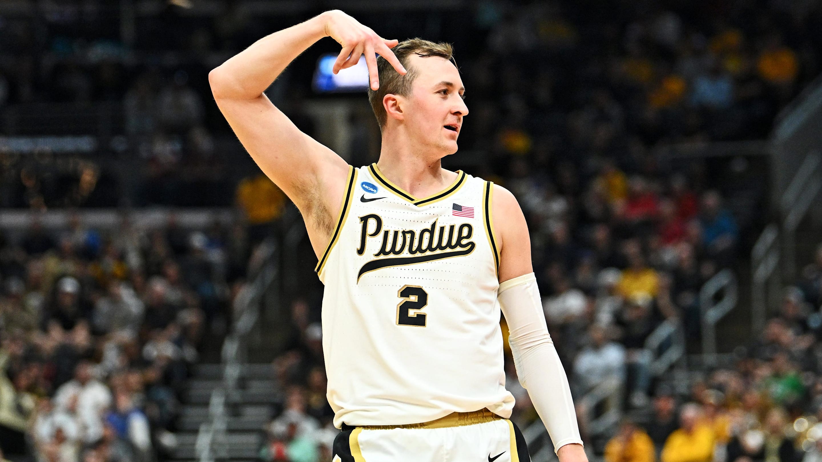 Purdue Boilermakers guard Fletcher Loyer (2) reacts after a three-pointer
