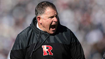 Nov 18, 2023; University Park, Pennsylvania, USA;Rutgers Scarlet Knights head coach Greg Schiano reacts during the first half against the Penn State Nittany Lions at Beaver Stadium. Mandatory Credit: Vincent Carchietta-Imagn Images