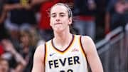 Jul 9, 2025; Indianapolis, Indiana, USA; Indiana Fever guard Caitlin Clark (22) in the first half against Golden State Valkyries at Gainbridge Fieldhouse. Mandatory Credit: Trevor Ruszkowski-Imagn Images