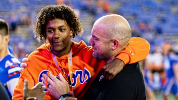 Florida Gators offensive coordinator Rob Sale hugs Florida Gators recruit Jaden Rashada after the game against the South Carolina Gamecocks at Steve Spurrier Field at Ben Hill Griffin Stadium in Gainesville, FL on Saturday, November 12, 2022. [Matt Pendleton/Gainesville Sun]

Ncaa Football Florida Gators Vs South Carolina Gamecocks