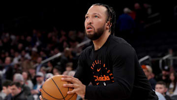 Mar 4, 2025; New York, New York, USA; New York Knicks guard Jalen Brunson (11) warms up before a game against the Golden State Warriors at Madison Square Garden. Mandatory Credit: Brad Penner-Imagn Images