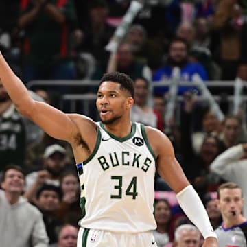 Oct 28, 2025; Milwaukee, Wisconsin, USA; Milwaukee Bucks forward Giannis Antetokounmpo (34) reacts after scoring a basket in the 3rd quarter against the New York Knicks at Fiserv Forum. Mandatory Credit: Benny Sieu-Imagn Images