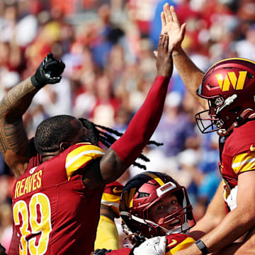 Sep 15, 2024; Landover, Maryland, USA; Washington Commanders place kicker Austin Seibert (3) celebrates with his teammates after making the game winning field goal against the New York Giants at Commanders Field. Mandatory Credit: Peter Casey-Imagn Images